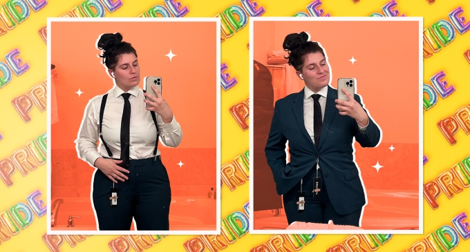 I Came Out As Nonbinary 2 Years Ago - A photo of a nonbinary person in a suit in diptych format. On the left side, they are wearing a shirt, tie and slacks and on the right side they are wearing a shirt, tie, slacks and a blazer. There is a sparkly orange background for each photo on top of a background that is yellow featuring balloons shaped in the words, PRIDE. The person in the photos is taking a selfie.
